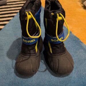Sorel Kids' Black and Blue Snow Boots with Yellow Accents